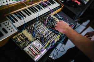 An overhead image of someone using a Eurorack modular system from the Electronic Music Weekender in Plymouth