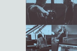 A three image collage of someone filming in a warehouse, someone playing a grand piano and a string quartet