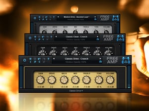 The user interfaces for the three free amps from Blue Cat Audio
