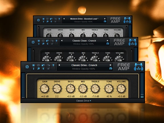 The user interfaces for the three free amps from Blue Cat Audio