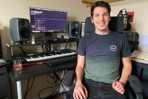 Máté in his home recording studio