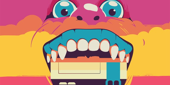 A graphic image of a colourful face with a SNES console in its mouth